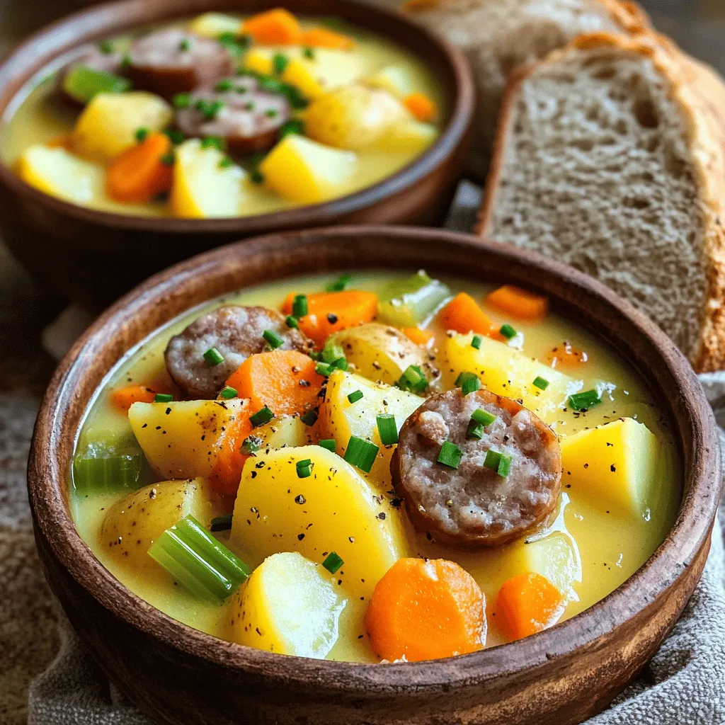 The key ingredients for this German potato soup include potatoes, sausage, and broth.