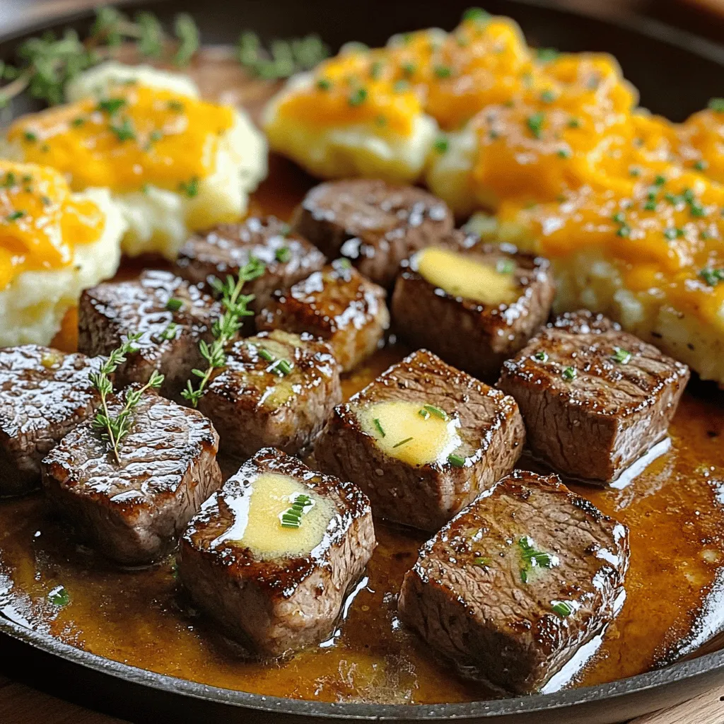 Garlic butter steak bites and cheesy smashed potatoes are a tasty duo. This dish brings together juicy steak bites and creamy potatoes. Each bite bursts with flavor and comfort.