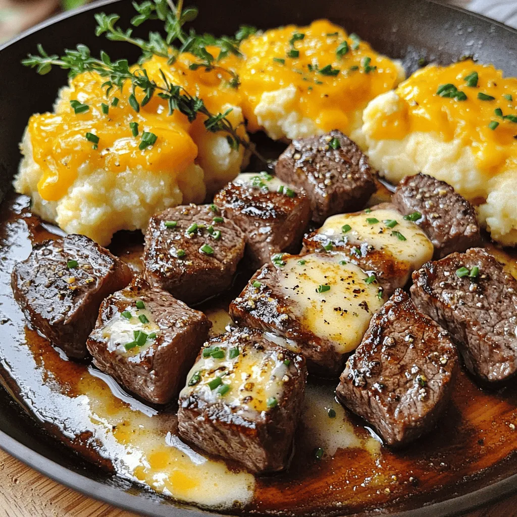 Garlic butter steak bites and cheesy smashed potatoes are a tasty duo. This dish brings together juicy steak bites and creamy potatoes. Each bite bursts with flavor and comfort.