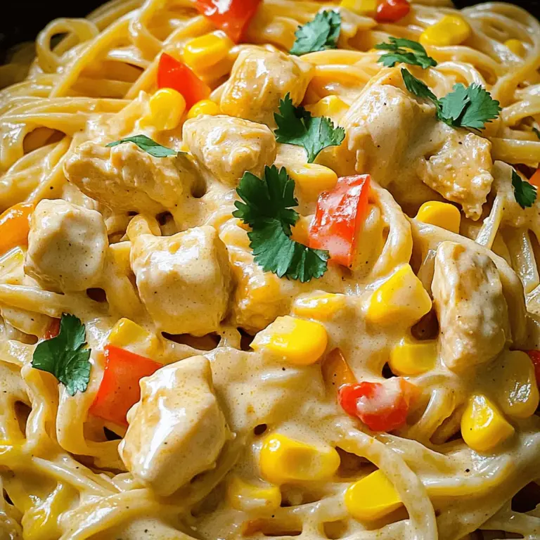 To make Creamy Cowboy Butter Chicken Linguine, you need a few key ingredients. Gather 8 oz of linguine pasta, 2 diced chicken breasts, and 4 tablespoons of cowboy butter. You will also need 1 cup of heavy cream, 1 cup of shredded cheddar cheese, 2 minced garlic cloves, 1 diced red bell pepper, and ½ cup of corn. Don’t forget salt, pepper, smoked paprika, cayenne pepper, and fresh cilantro or parsley for garnish.