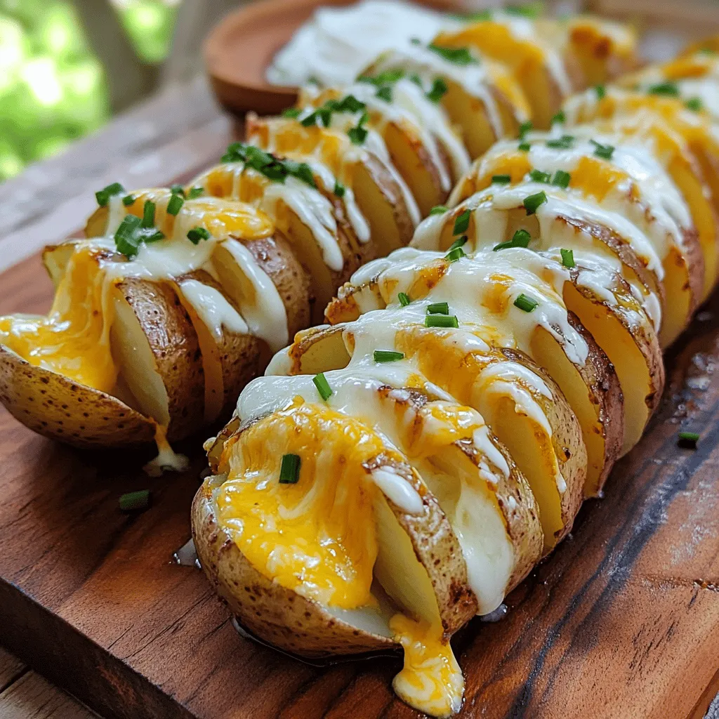 To make cheesy Hasselback potatoes, you need a few key ingredients. First, I use four medium-sized russet potatoes. They have the right texture for baking. Next, you need half a cup of unsalted butter, melted. This adds richness to the dish.