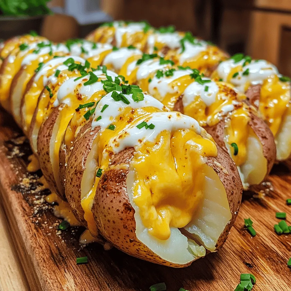 To make cheesy Hasselback potatoes, you need a few key ingredients. First, I use four medium-sized russet potatoes. They have the right texture for baking. Next, you need half a cup of unsalted butter, melted. This adds richness to the dish.