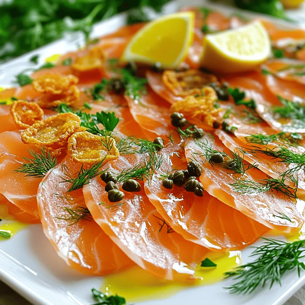 To make a great smoked salmon carpaccio, you need a few key ingredients. First, high-quality smoked salmon is a must. You want 200g of thinly sliced salmon. The flavor should be rich and smoky.