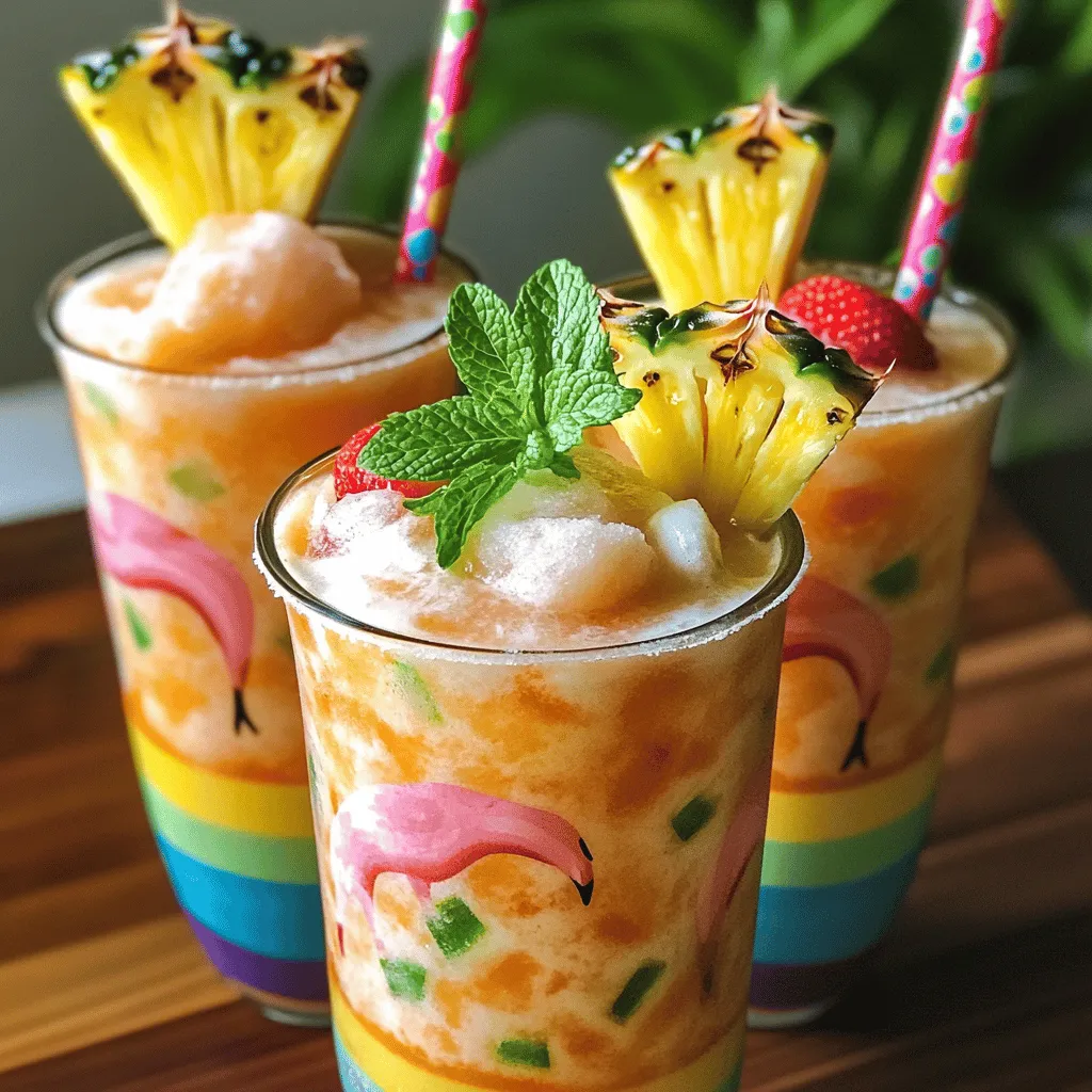 To make a Pink Flamingo Colada, you need a few key ingredients. First, use 1 cup of diced fresh pineapple. This gives the drink its sweet and fruity flavor. Next, add 1 cup of coconut milk. This makes the drink creamy and rich. You also need 1 cup of frozen strawberries. These add a fun pink color and a nice tartness.