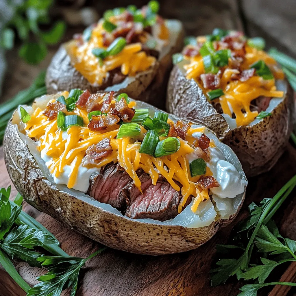 The heart of a loaded baked potato with juicy steak bites lies in its simple yet flavorful ingredients.