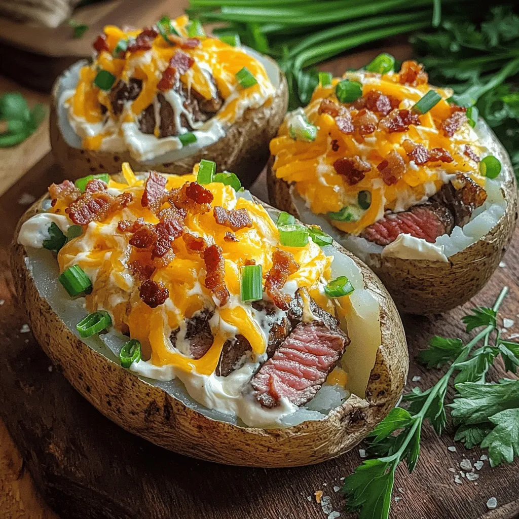 The heart of a loaded baked potato with juicy steak bites lies in its simple yet flavorful ingredients.