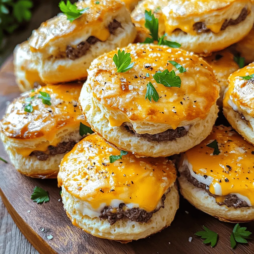 To make garlic parmesan cheeseburger bombs, you need a few key ingredients. First, grab <strong>1 pound of ground beef</strong>. It’s best to use a mix with some fat for flavor. Next, you’ll need <strong>1 cup of shredded cheddar cheese</strong> and <strong>1/2 cup of softened cream cheese</strong>. These cheeses create a rich filling.” /></p>
</p>
<h2>What Are Some Cooking Tips for Perfect Cheeseburger Bombs?</h2>
</p>
<p>Baking cheeseburger bombs requires some special tips for the best results. Let’s dive into these tips to make your bombs unforgettable.</p>
</p>
<h3>Optimal Baking Time and Temperature</h3>
</p>
<p>For perfect cheeseburger bombs, preheat your oven to 375°F (190°C). This temperature allows the dough to cook evenly. Bake them for 15-20 minutes. Keep an eye on them. You want a golden-brown top. If they are not golden after 20 minutes, give them a few more minutes.</p>
</p>
<h3>Creating the Perfect Cheese Filling</h3>
</p>
<p>The filling is key to great cheeseburger bombs. Mix shredded cheddar cheese with softened cream cheese. This blend gives a creamy texture. It also adds a rich flavor. Be generous with the cheese; it makes the bombs extra tasty. Don’t forget to sprinkle in some garlic. It adds a nice kick to the filling.</p>
</p>
<h3>Ensuring Crispy Exterior</h3>
</p>
<p>To achieve a crispy exterior, brush the tops with melted butter mixed with grated Parmesan cheese. This adds flavor and a nice crunch. Make sure to seal the edges of the dough well. If there are gaps, the filling might leak out. Place the bombs seam-side down on the baking sheet. This helps them stay sealed during baking.</p>
</p>
<p>Using these tips will help you create delicious garlic parmesan cheeseburger bombs. They will impress your family and friends. For a detailed guide, check the Full Recipe.</p>
</p>
<h2>What Variations Can I Try for Cheeseburger Bombs?</h2>
</p>
<p>When you think of stuffed burger recipes, the classic cheeseburger comes to mind. But there’s so much more to explore! You can swap out the beef for turkey or even plant-based options. This keeps things fresh and exciting.</p>
</p>
<h3>Different Cheeseburger Filling Ideas</h3>
</p>
<p>You can get creative with the filling. Try adding different cheeses like pepper jack or gouda for a kick. For a smoky flavor, add some bacon bits or smoked paprika. If you love veggies, mix in some finely chopped bell peppers or mushrooms. Even jalapeños can add a spicy twist. The options are endless!</p>
</p>
<h3>Unique Flavor Combinations to Explore</h3>
</p>
<p>Think about flavors from around the world. You might try a taco-inspired bomb with taco seasoning and cheddar. Or go Italian with marinara sauce and mozzarella. You can even make a BBQ bomb with pulled pork and coleslaw. Each combination can turn your cheeseburger bombs into a new culinary adventure.</p>
</p>
<h3>Cooking Methods: Baking vs. Air Frying</h3>
</p>
<p>Baking is the classic method. It gives a nice golden crust while keeping the inside juicy. Air frying is another great option. It cooks faster and can make the exterior extra crispy. Both methods work well, so you can choose what fits your kitchen best. Just make sure to check for doneness, no matter which way you go.</p>
</p>
<p>If you want to dive into the full recipe for these delicious bites, be sure to check it out.</p>
</p>
<p><img decoding=