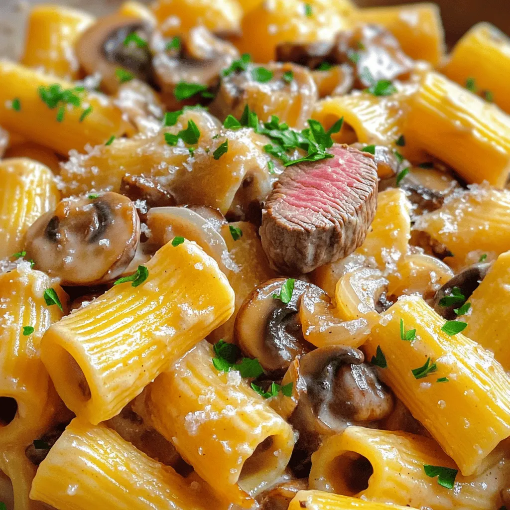 To make creamy steak and mushroom rigatoni, you need a few key ingredients. The first star of the show is rigatoni pasta. Its ridges hold sauce well, making each bite flavorful. You will also need sirloin steak. This meat is tender and cooks quickly, which is perfect for this dish.