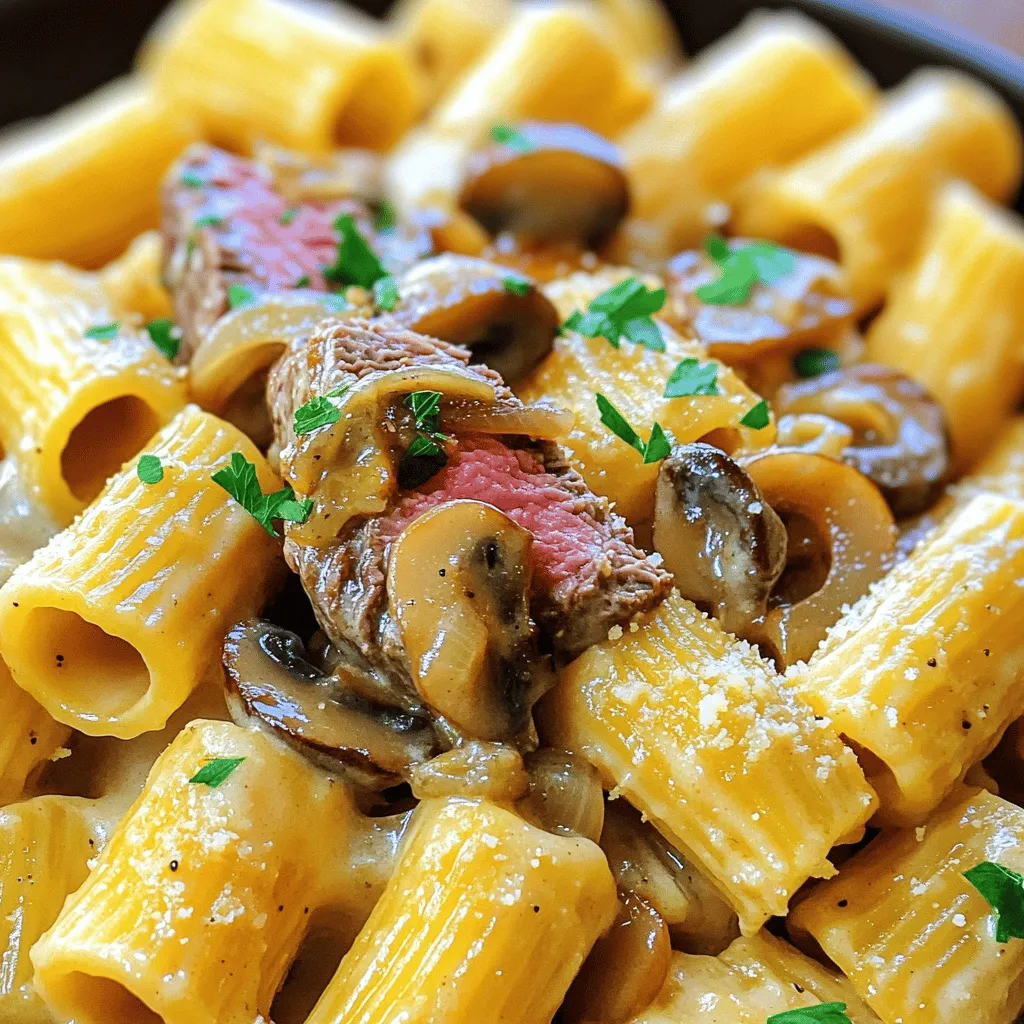 To make creamy steak and mushroom rigatoni, you need a few key ingredients. The first star of the show is rigatoni pasta. Its ridges hold sauce well, making each bite flavorful. You will also need sirloin steak. This meat is tender and cooks quickly, which is perfect for this dish.