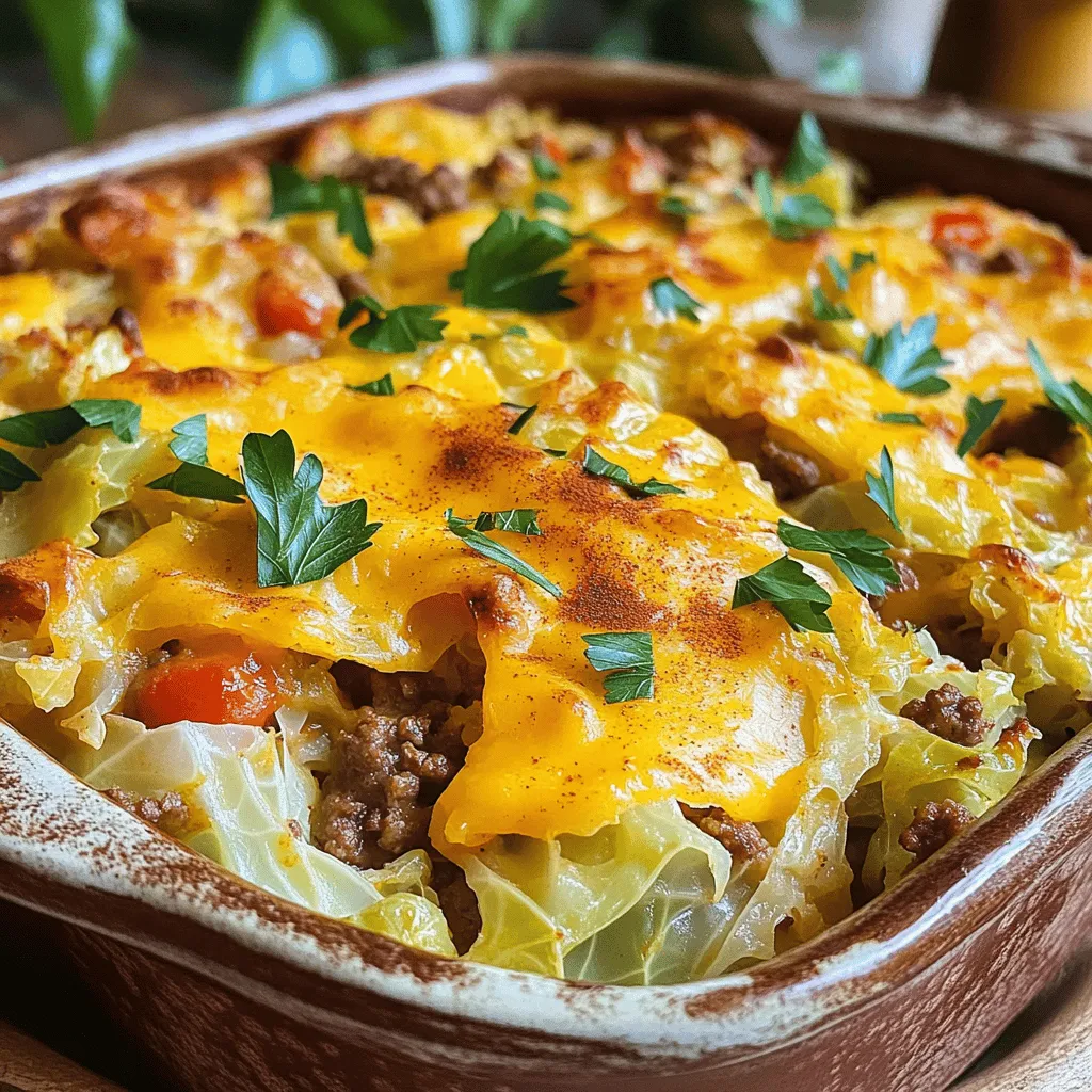 The key ingredients make this cabbage casserole recipe a hit. You need a medium green cabbage, chopped into bite-sized pieces. It adds texture and nutrition. Ground beef is next. I use one pound for a hearty base. You also need one diced onion and three minced garlic cloves. They create rich flavors when cooked.