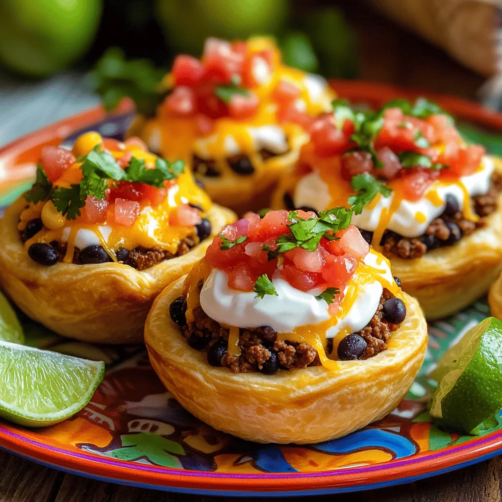 Taco cupcakes are a fun twist on traditional tacos. They combine the best parts of tacos and cupcakes into bite-sized treats. Picture this: a warm, flaky crescent dough cup filled with savory taco goodness. I love how these taco-inspired appetizers bring joy to any table.