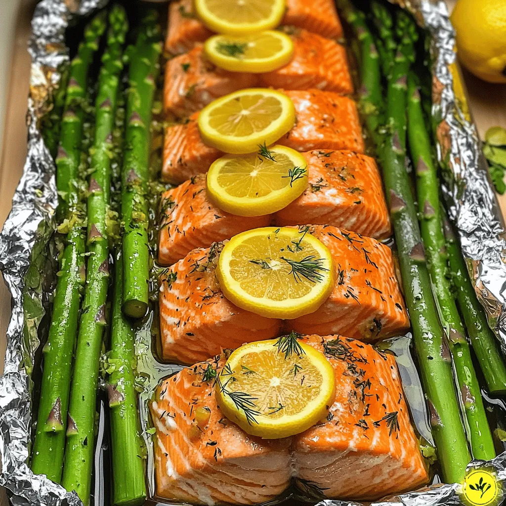 To make baked salmon in foil with asparagus, you need a few key ingredients. First, grab two salmon fillets, about six ounces each. Freshness matters here, so choose wild-caught salmon if you can. Next, you'll need one bunch of asparagus. Trim off the ends so they fit nicely in the foil.