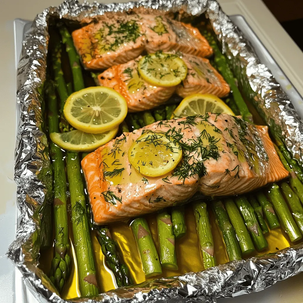 To make baked salmon in foil with asparagus, you need a few key ingredients. First, grab two salmon fillets, about six ounces each. Freshness matters here, so choose wild-caught salmon if you can. Next, you'll need one bunch of asparagus. Trim off the ends so they fit nicely in the foil.