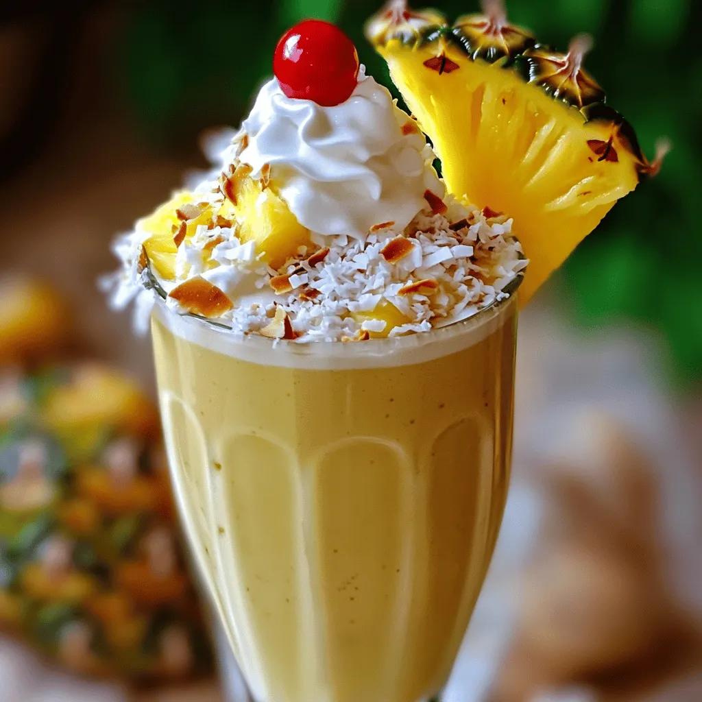When you make a Pina Colada milkshake, you want the best ingredients. The main parts include vanilla ice cream, coconut milk, a frozen banana, and pineapple chunks. Each ingredient adds a special flavor.