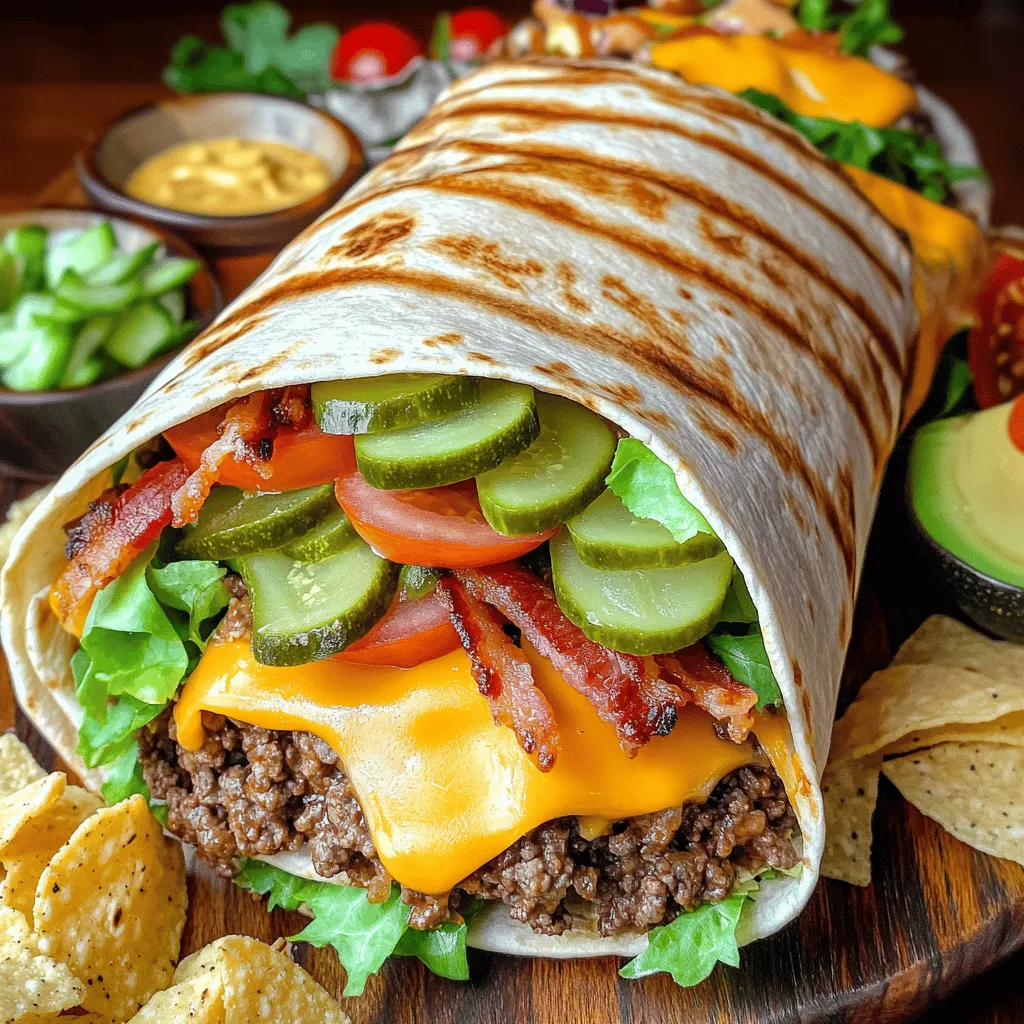 To make a Huge Bacon Cheeseburger Burrito, start with the right ingredients. The main star is ground beef. I recommend using 80/20 beef. It has enough fat for flavor without being too greasy. You need one pound for this recipe.