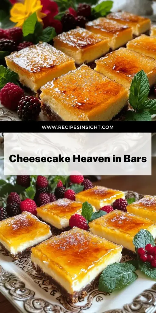 Indulge your sweet tooth with these luscious crème brûlée cheesecake bars! Combining the creamy delight of cheesecake with a crispy caramelized topping, this easy homemade dessert is sure to impress at any gathering. Discover essential ingredients, step-by-step instructions, and creative variations to customize your bars. Click through to explore the full recipe and elevate your dessert game today!