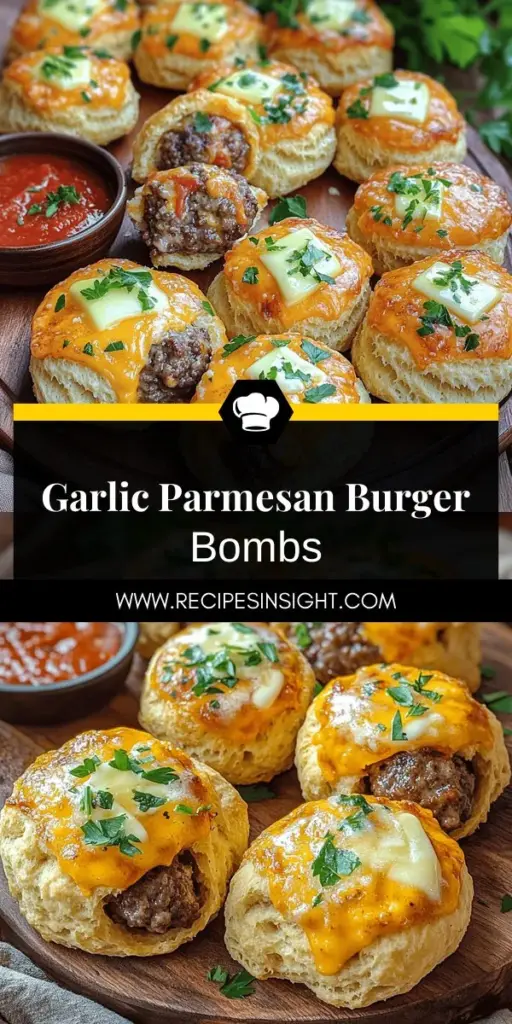 Elevate your party snacks with Irresistible Garlic Parmesan Cheeseburger Bombs! These delicious bites are packed with flavor, featuring juicy ground beef, creamy cheese, and a garlic-infused biscuit dough wrapper. Perfect for game day or any gathering, this easy recipe guides you through the preparation, assembly, and baking steps to ensure a golden-brown finish every time. Click to explore the full recipe and impress your guests with these mouthwatering delights!