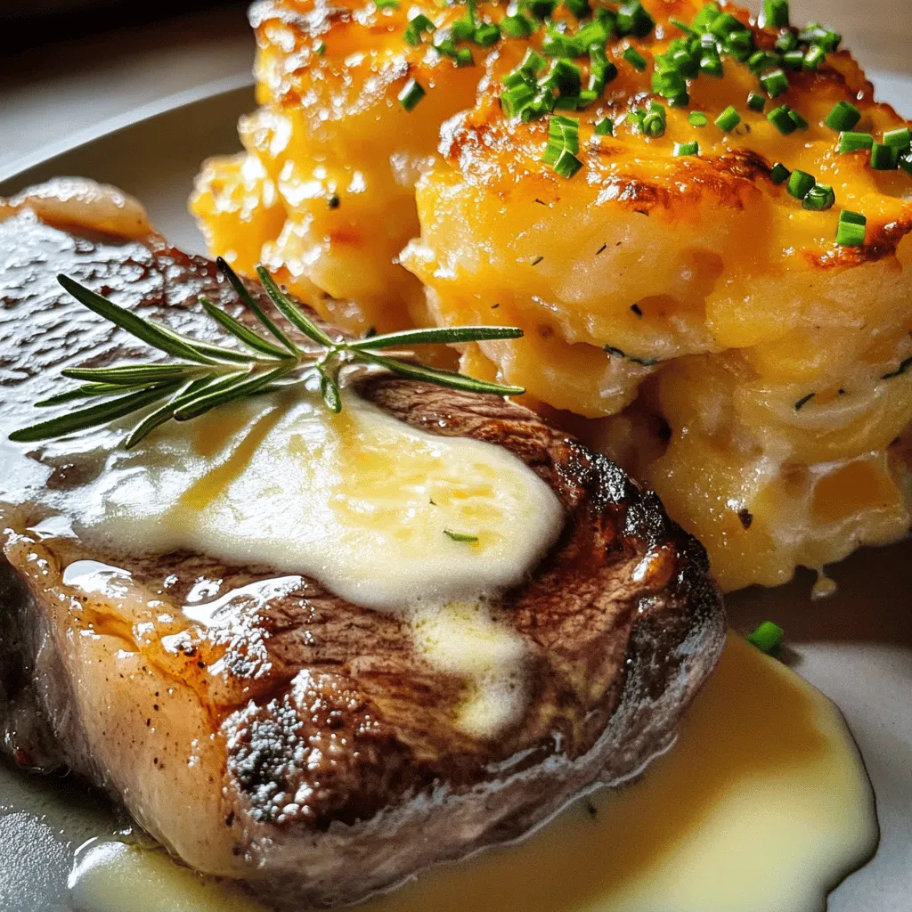 To make this dish, you need key ingredients for both the ribeye steak and the cheesy scalloped potatoes.