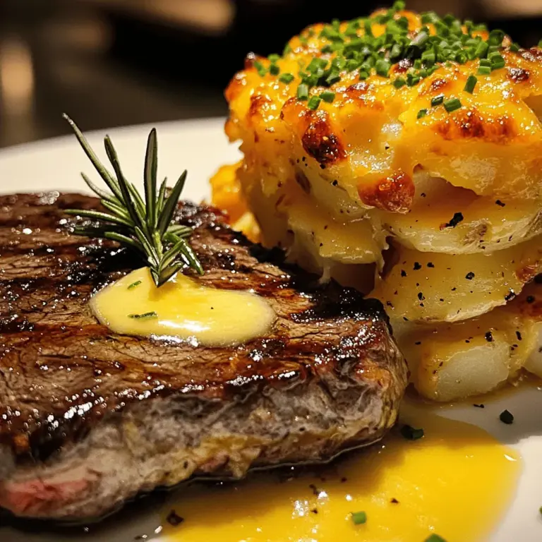 To make this dish, you need key ingredients for both the ribeye steak and the cheesy scalloped potatoes.