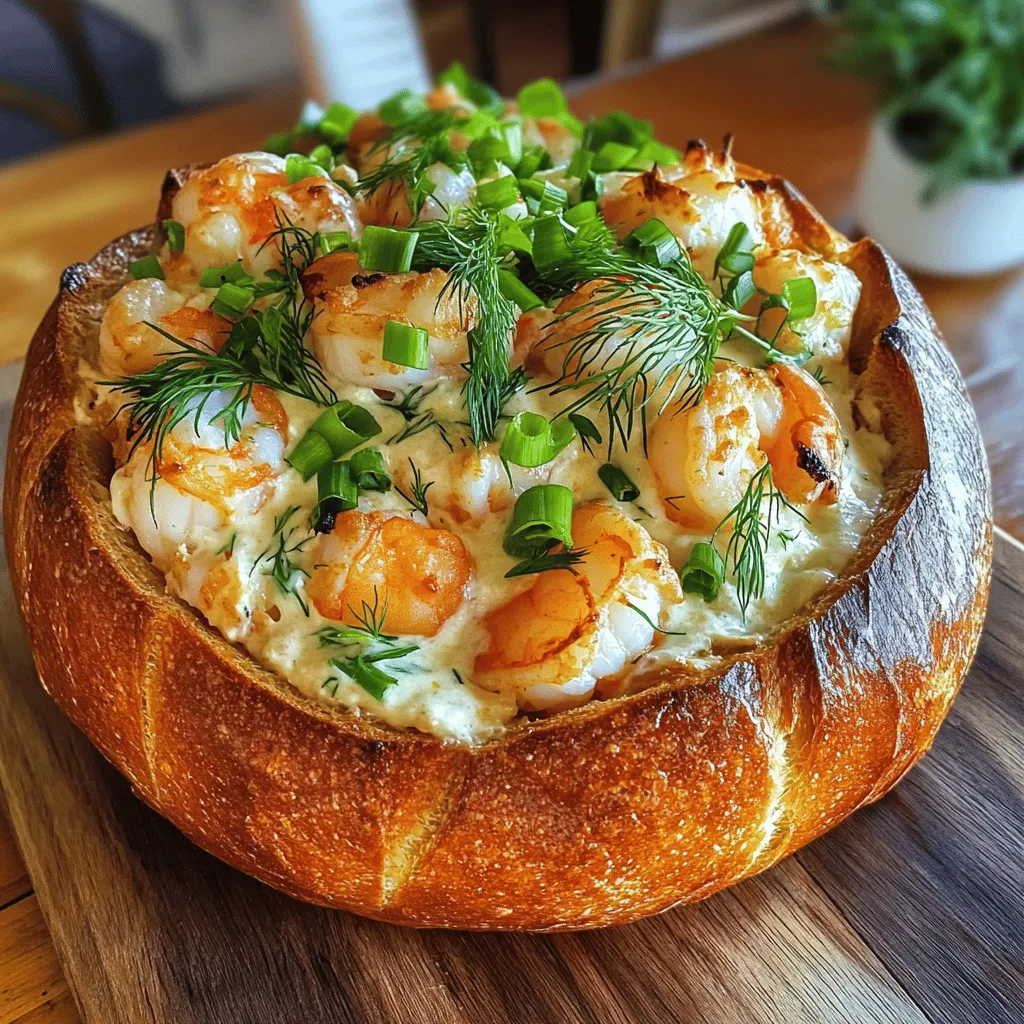 To make a stuffed seafood bread bowl, you need fresh ingredients. Start with a large round sourdough bread loaf. This bread will hold the filling well. You will also need shrimp and crab meat. Use one cup of each, cooked and chopped.