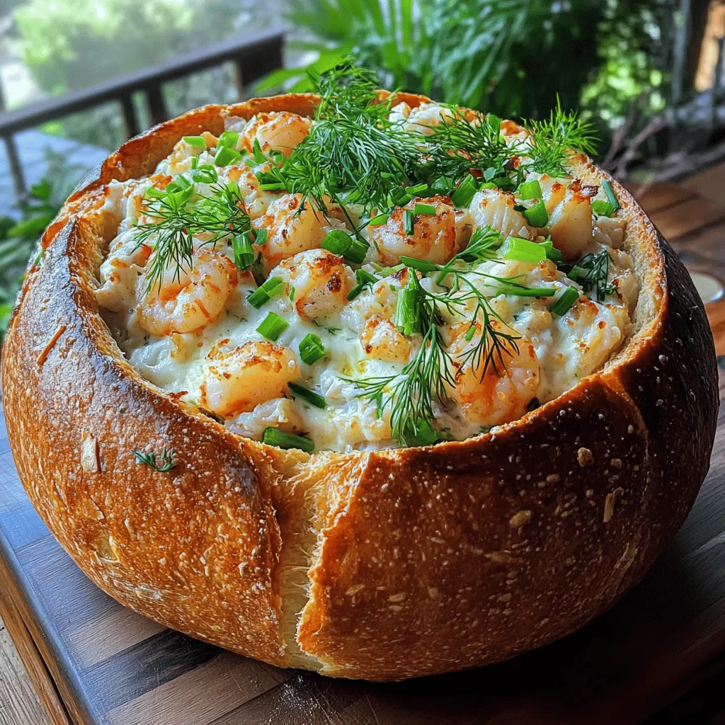 To make a stuffed seafood bread bowl, you need fresh ingredients. Start with a large round sourdough bread loaf. This bread will hold the filling well. You will also need shrimp and crab meat. Use one cup of each, cooked and chopped.