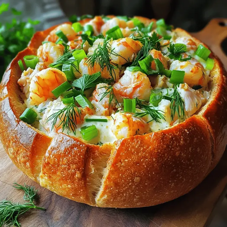 To make a stuffed seafood bread bowl, you need fresh ingredients. Start with a large round sourdough bread loaf. This bread will hold the filling well. You will also need shrimp and crab meat. Use one cup of each, cooked and chopped.