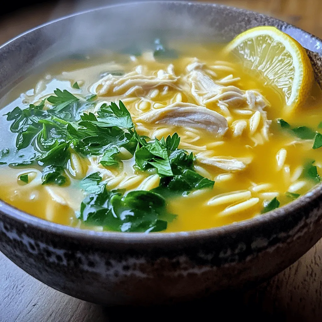 The main ingredients for Avgolemono Greek lemon chicken soup are simple yet full of flavor. You need chicken breasts, chicken broth, orzo pasta, eggs, and fresh lemon juice. Each ingredient plays a big role in creating this comforting dish.