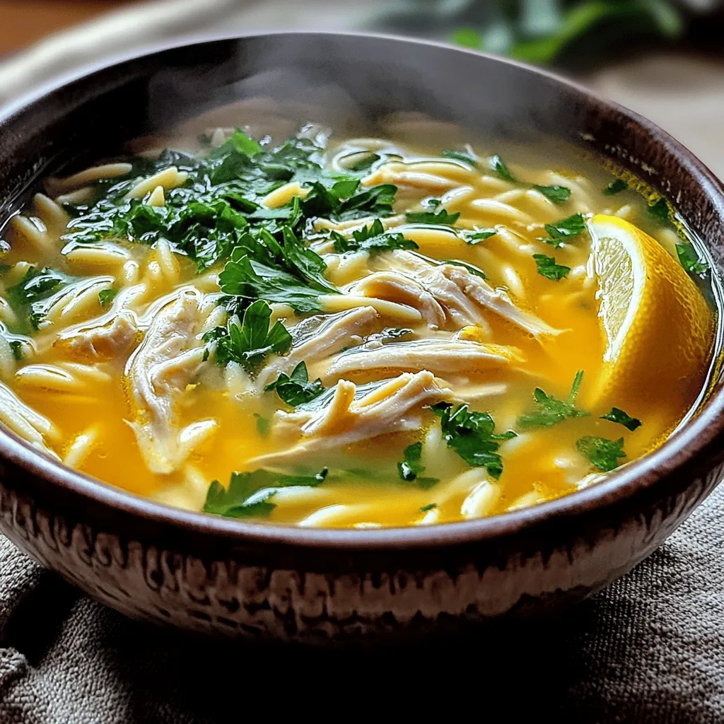 The main ingredients for Avgolemono Greek lemon chicken soup are simple yet full of flavor. You need chicken breasts, chicken broth, orzo pasta, eggs, and fresh lemon juice. Each ingredient plays a big role in creating this comforting dish.