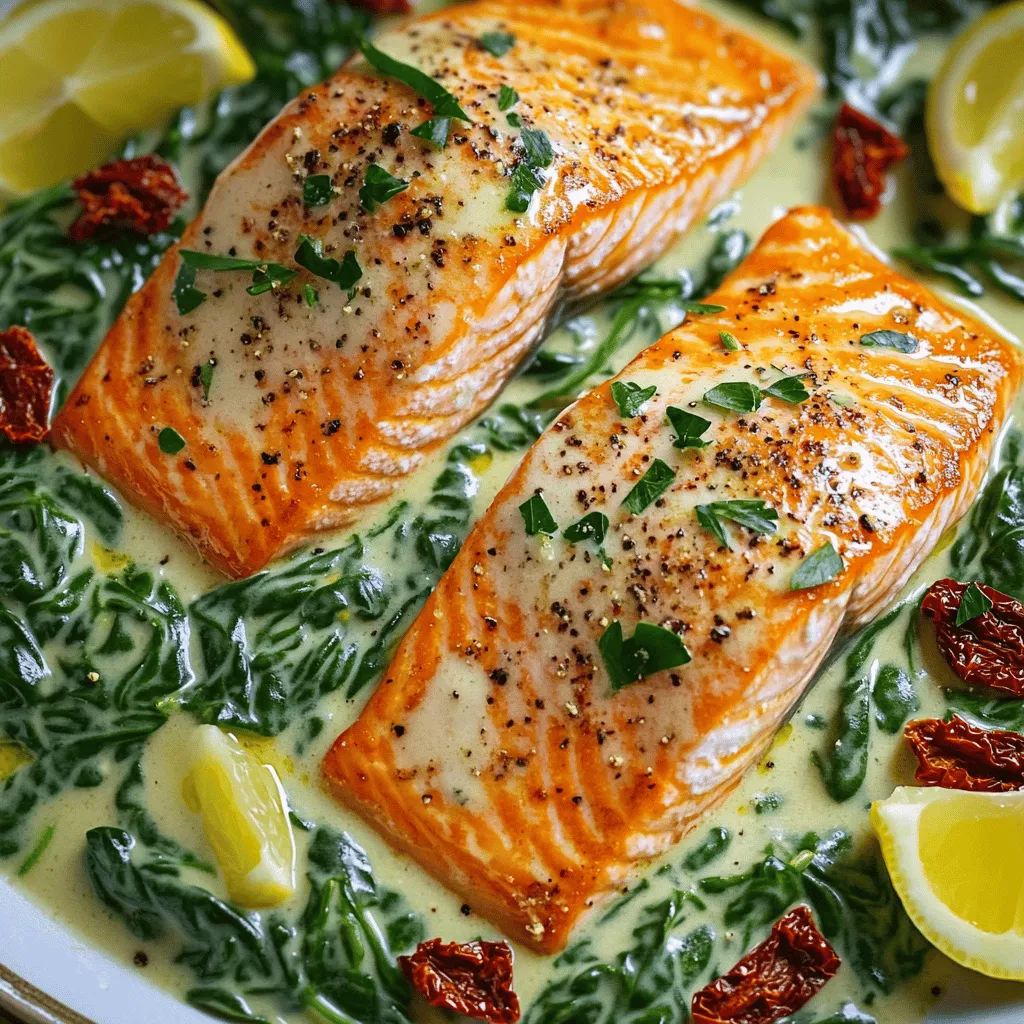 To make Pan-Seared Salmon Florentine, you need a few key ingredients. The main star is salmon. Choose four salmon fillets, each about six ounces. I prefer fresh salmon for the best flavor and texture. You will also need olive oil, salt, and pepper for seasoning.