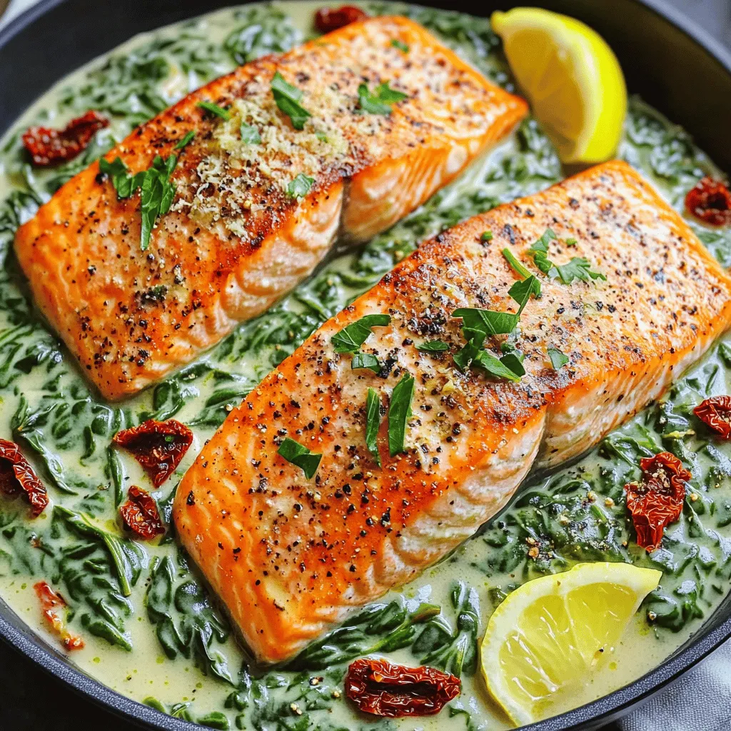 To make Pan-Seared Salmon Florentine, you need a few key ingredients. The main star is salmon. Choose four salmon fillets, each about six ounces. I prefer fresh salmon for the best flavor and texture. You will also need olive oil, salt, and pepper for seasoning.