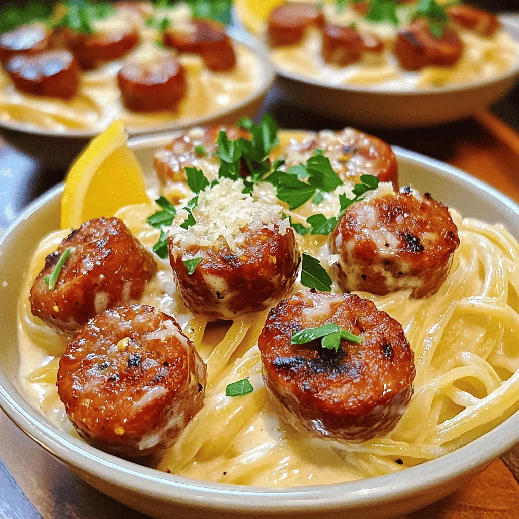 To make garlic butter sausage bites with creamy parmesan pasta, you need some key ingredients. Start with 1 pound of smoked sausage or kielbasa, sliced into bite-sized pieces. This sausage adds a rich and smoky flavor. You will also need 4 tablespoons of unsalted butter to create the garlic butter. Garlic is essential, so grab 4 cloves, minced finely. You might like a touch of heat, so consider adding 1 teaspoon of red pepper flakes. For seasoning, use salt and pepper to taste.