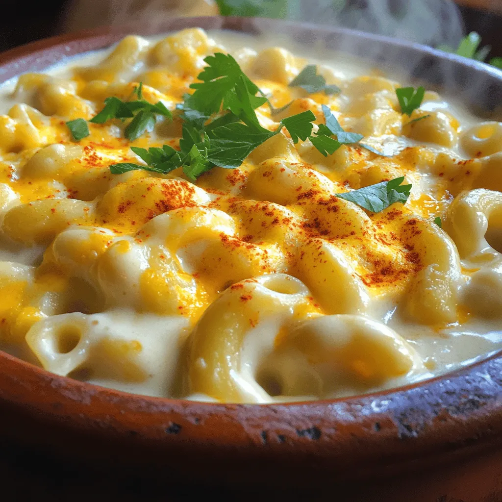 The essential ingredients for this recipe are: - 8 oz elbow macaroni - 4 cups chicken or vegetable broth - 2 cups sharp cheddar cheese, shredded - 1 cup cream cheese, cubed - 1 cup milk - Spices: garlic powder, onion powder, smoked paprika, cayenne pepper