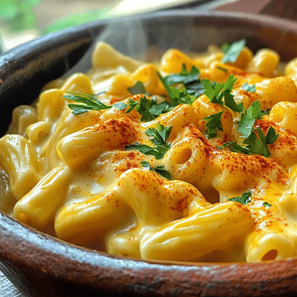 The essential ingredients for this recipe are: - 8 oz elbow macaroni - 4 cups chicken or vegetable broth - 2 cups sharp cheddar cheese, shredded - 1 cup cream cheese, cubed - 1 cup milk - Spices: garlic powder, onion powder, smoked paprika, cayenne pepper