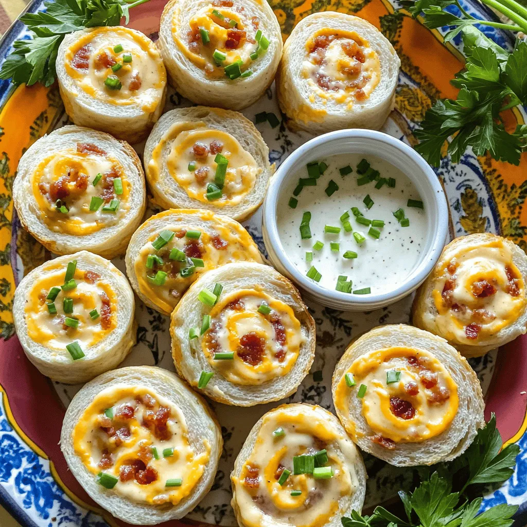 To make bacon cheddar ranch pinwheels, you need simple ingredients. Start with 8 oz of softened cream cheese. This gives a rich base. Then, add 1/2 cup of ranch dressing for a creamy flavor. Next, include 1 cup of shredded sharp cheddar cheese for a tasty kick. You will also need 1 cup of cooked bacon, crumbled, which adds great crunch. Don’t forget 1/4 cup of finely chopped green onions for a fresh taste. Finally, you will need 4 large flour tortillas to wrap everything up.