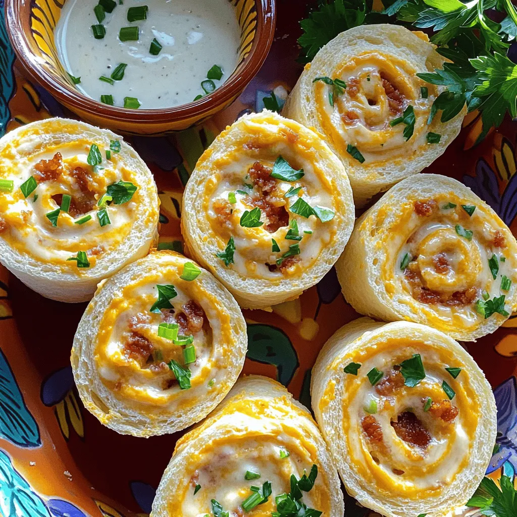 To make bacon cheddar ranch pinwheels, you need simple ingredients. Start with 8 oz of softened cream cheese. This gives a rich base. Then, add 1/2 cup of ranch dressing for a creamy flavor. Next, include 1 cup of shredded sharp cheddar cheese for a tasty kick. You will also need 1 cup of cooked bacon, crumbled, which adds great crunch. Don’t forget 1/4 cup of finely chopped green onions for a fresh taste. Finally, you will need 4 large flour tortillas to wrap everything up.