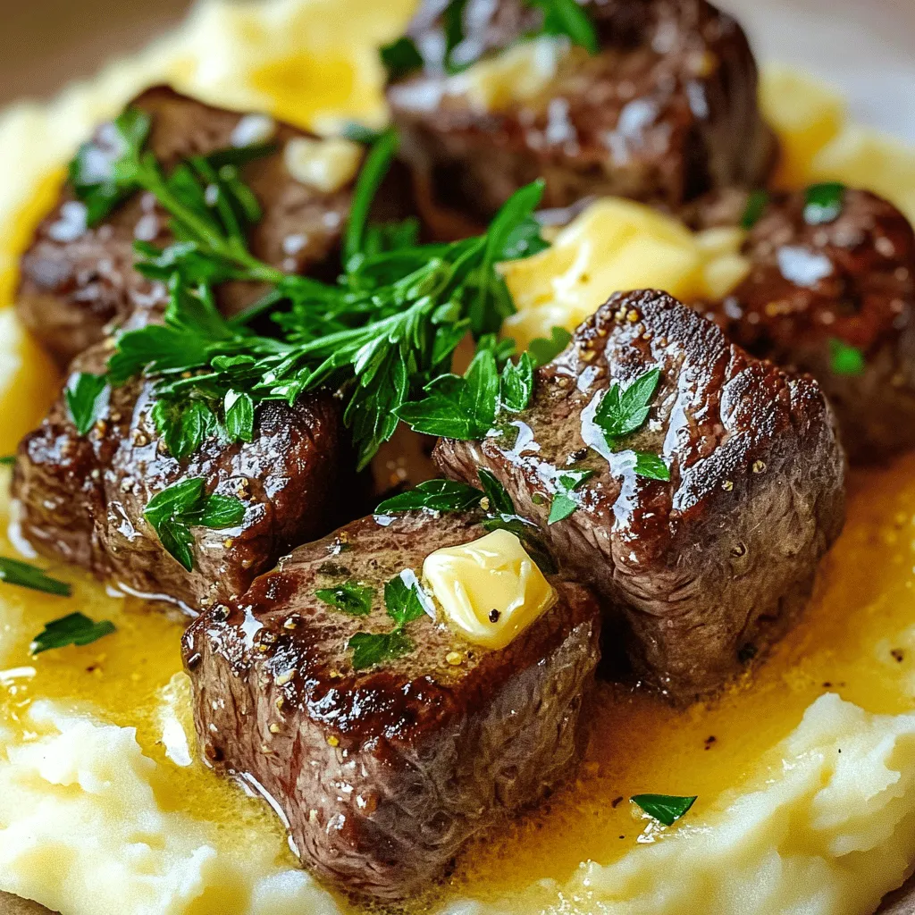 For the garlic butter steak bites recipe, you need a few key ingredients. First, you will need 1 pound of sirloin steak. Cut it into 1-inch cubes. This cut gives you tender steak bites with great flavor. Next, gather 4 tablespoons of unsalted butter. You will divide this, using some for the garlic butter sauce and some for searing the steak.