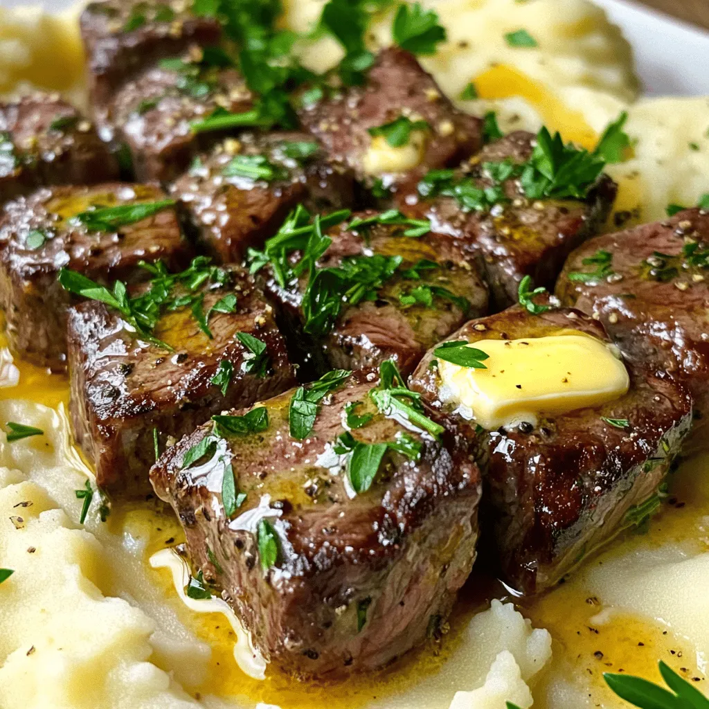 For the garlic butter steak bites recipe, you need a few key ingredients. First, you will need 1 pound of sirloin steak. Cut it into 1-inch cubes. This cut gives you tender steak bites with great flavor. Next, gather 4 tablespoons of unsalted butter. You will divide this, using some for the garlic butter sauce and some for searing the steak.