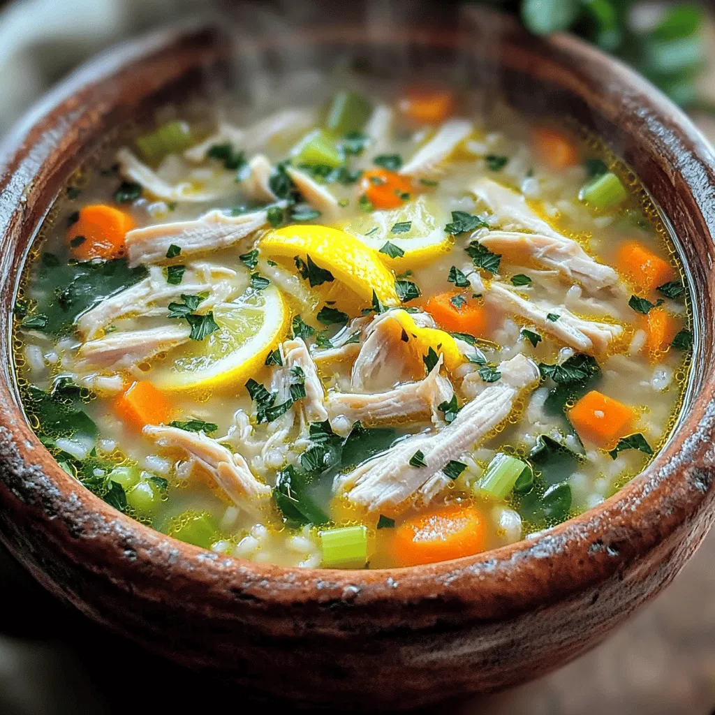 To make a great Chicken Lemon Rice Soup, you need a few key items. Start with 1 pound of boneless, skinless chicken breasts. This meat gives the soup its hearty base. You will also need 1 cup of long-grain white rice. This rice cooks well and adds texture. Next, use 6 cups of chicken broth for a rich flavor. Fresh vegetables are important too. You will need 1 medium onion, 2 cloves of garlic, 2 carrots, and 2 celery stalks. These add depth and nutrition. Lastly, the stars of this dish are 2 large lemons for zest and juice, and 1 cup of fresh spinach for color.
