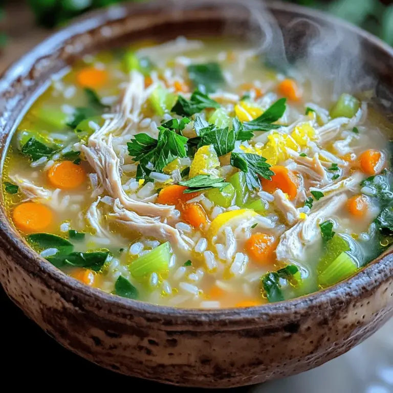 To make a great Chicken Lemon Rice Soup, you need a few key items. Start with 1 pound of boneless, skinless chicken breasts. This meat gives the soup its hearty base. You will also need 1 cup of long-grain white rice. This rice cooks well and adds texture. Next, use 6 cups of chicken broth for a rich flavor. Fresh vegetables are important too. You will need 1 medium onion, 2 cloves of garlic, 2 carrots, and 2 celery stalks. These add depth and nutrition. Lastly, the stars of this dish are 2 large lemons for zest and juice, and 1 cup of fresh spinach for color.