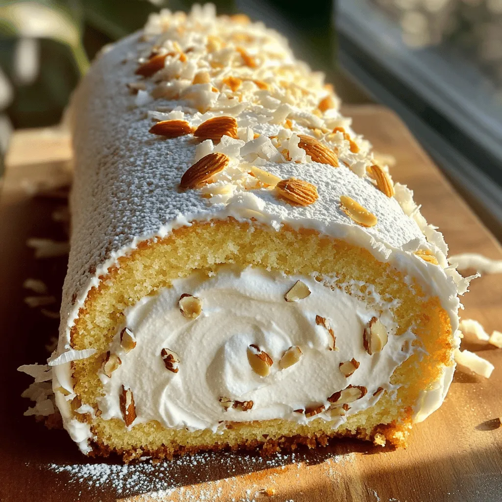 The Coconut Almond Swiss Roll Cake uses simple, tasty ingredients. You will need four large eggs, a cup of sugar, and one teaspoon of vanilla. These form the base of the cake.