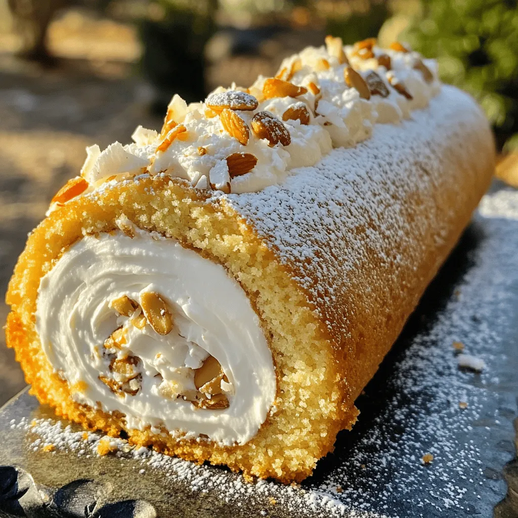 The Coconut Almond Swiss Roll Cake uses simple, tasty ingredients. You will need four large eggs, a cup of sugar, and one teaspoon of vanilla. These form the base of the cake.