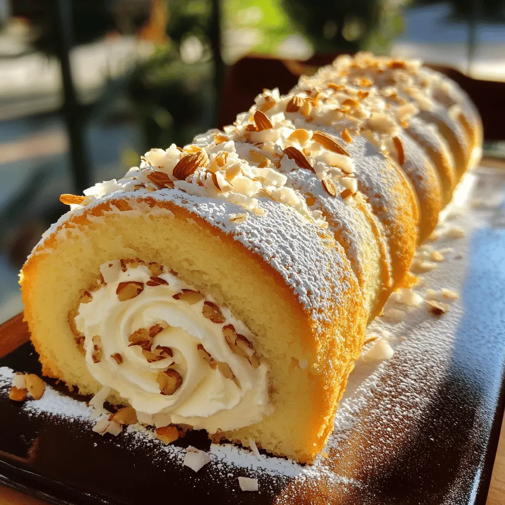 The Coconut Almond Swiss Roll Cake uses simple, tasty ingredients. You will need four large eggs, a cup of sugar, and one teaspoon of vanilla. These form the base of the cake.