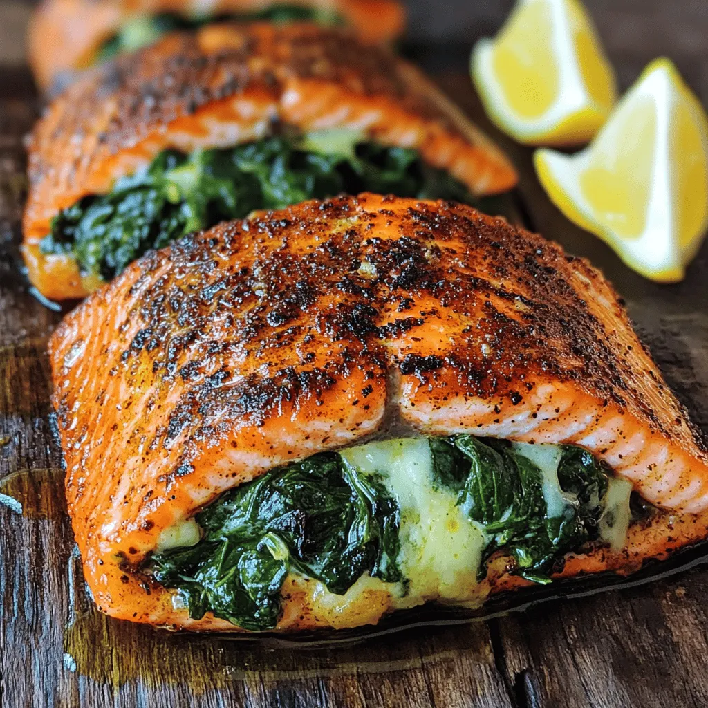 To make blackened salmon stuffed with spinach and Parmesan, you need key ingredients. You will require four salmon fillets, each around six ounces. Fresh spinach is important, so grab two cups and chop it. You will also want one cup of shredded Parmesan cheese to add rich flavor.