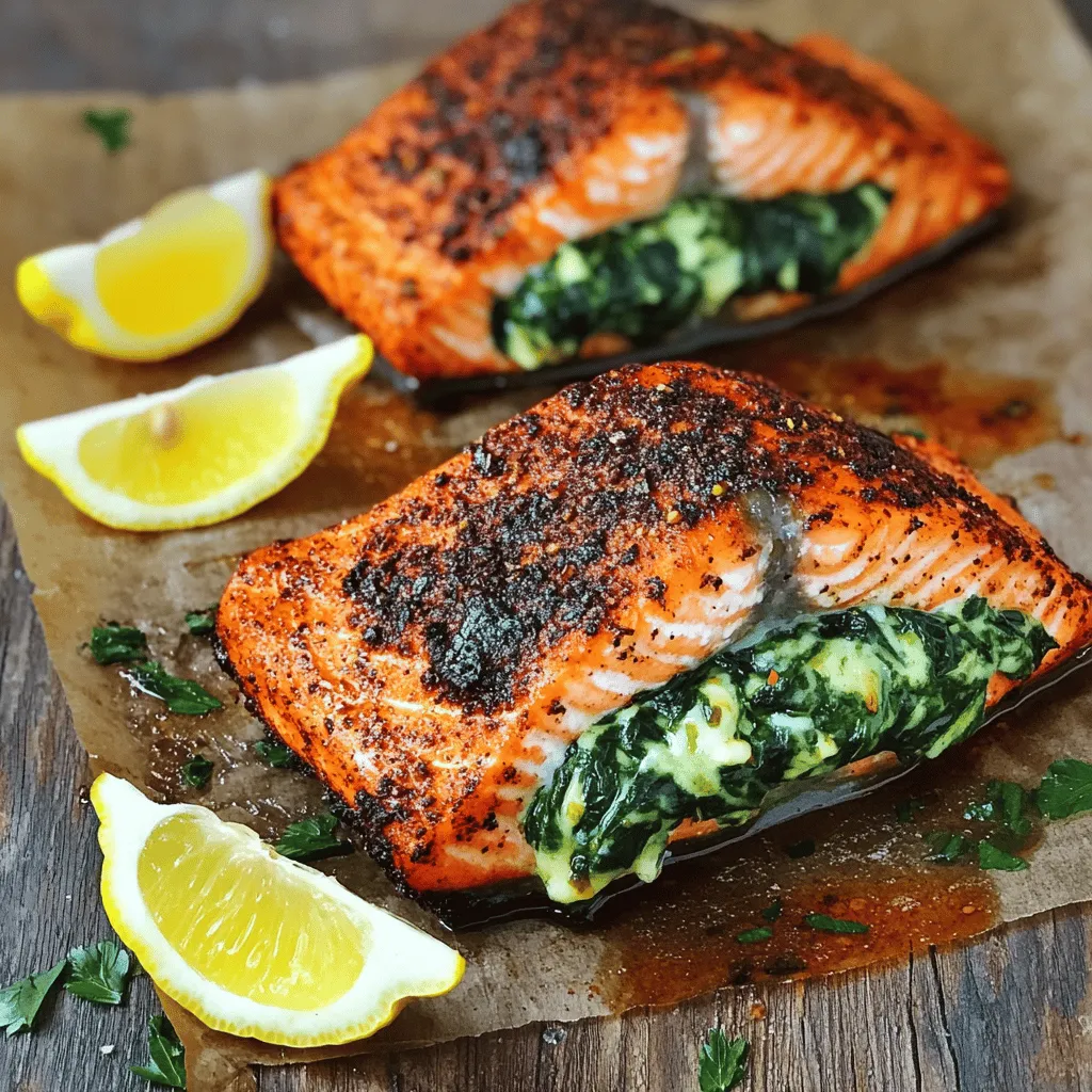 To make blackened salmon stuffed with spinach and Parmesan, you need key ingredients. You will require four salmon fillets, each around six ounces. Fresh spinach is important, so grab two cups and chop it. You will also want one cup of shredded Parmesan cheese to add rich flavor.