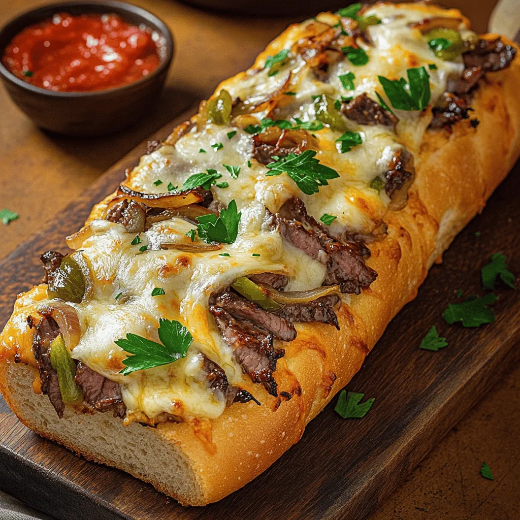 The key to a great Philly cheesesteak cheesy bread lies in its ingredients. First, you need a large loaf of French bread. This bread gives a nice, crispy crust and a soft inside. Next, ribeye steak is the star. Thinly slice it for the best texture and flavor.