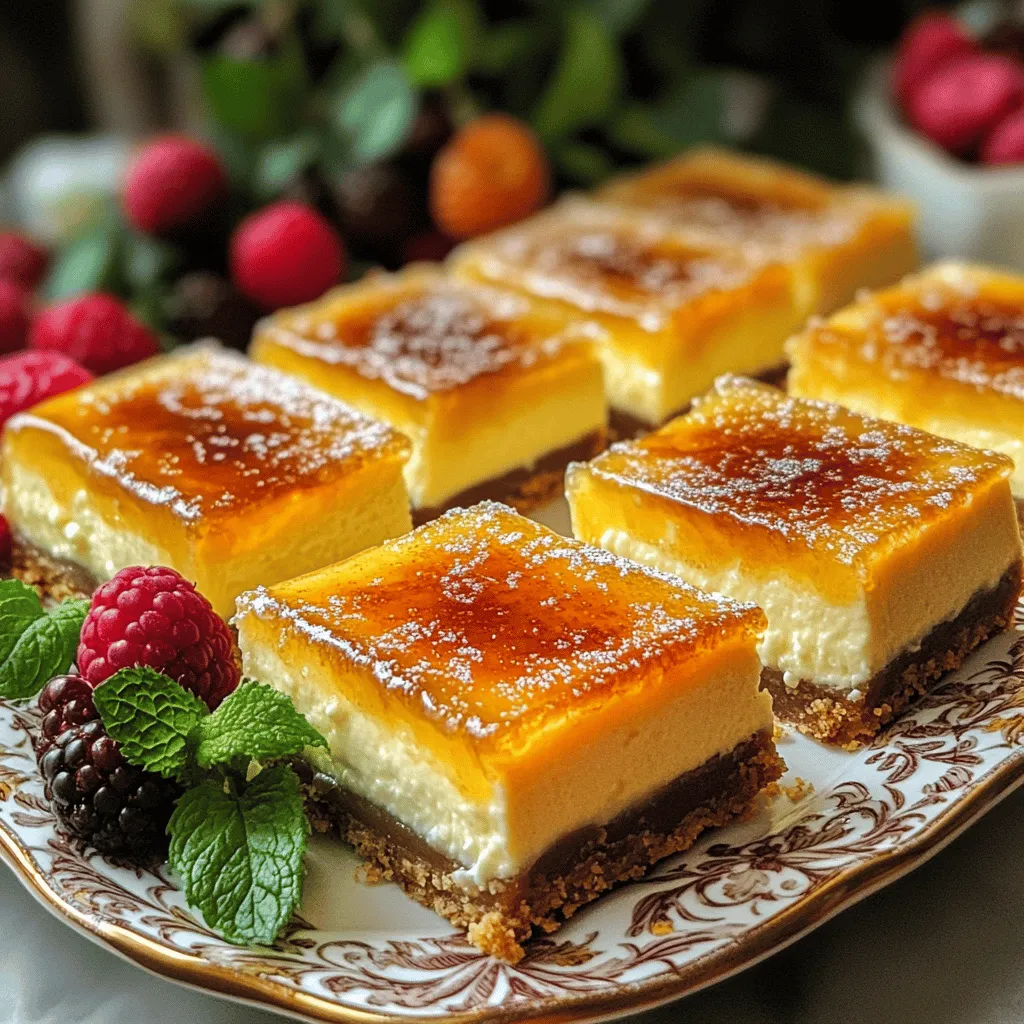 To make crème brûlée cheesecake bars, you need a few key ingredients. The base is made from graham cracker crumbs, butter, and sugar. These ingredients give the bars a nice crunch. You mix the crumbs with melted butter and sugar, then press it into a baking dish.