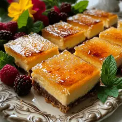 To make crème brûlée cheesecake bars, you need a few key ingredients. The base is made from graham cracker crumbs, butter, and sugar. These ingredients give the bars a nice crunch. You mix the crumbs with melted butter and sugar, then press it into a baking dish.