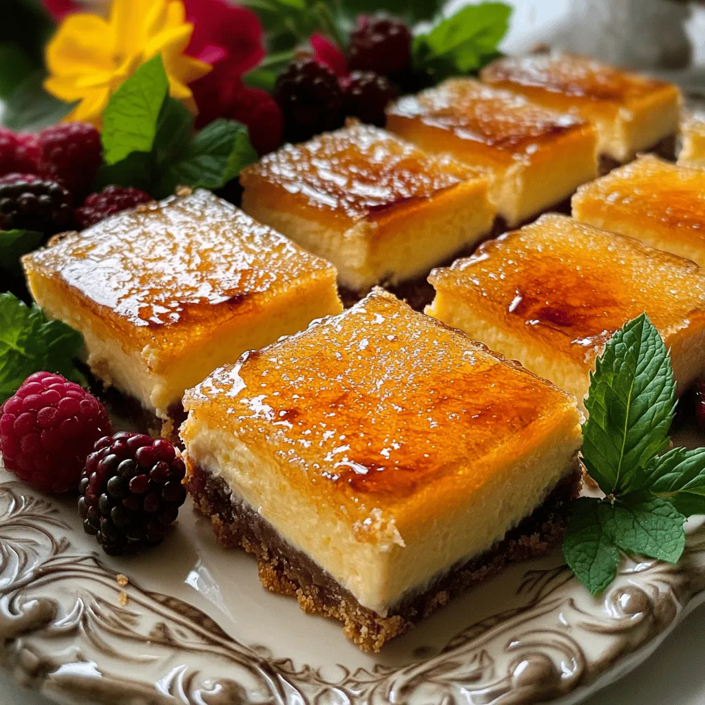 To make crème brûlée cheesecake bars, you need a few key ingredients. The base is made from graham cracker crumbs, butter, and sugar. These ingredients give the bars a nice crunch. You mix the crumbs with melted butter and sugar, then press it into a baking dish.