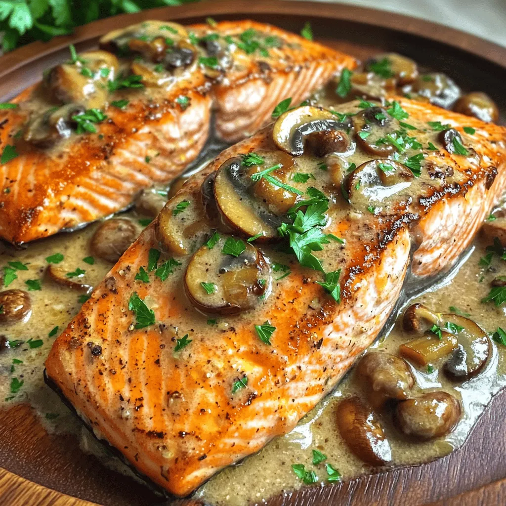 To prepare creamy garlic mushroom salmon, follow these key steps.