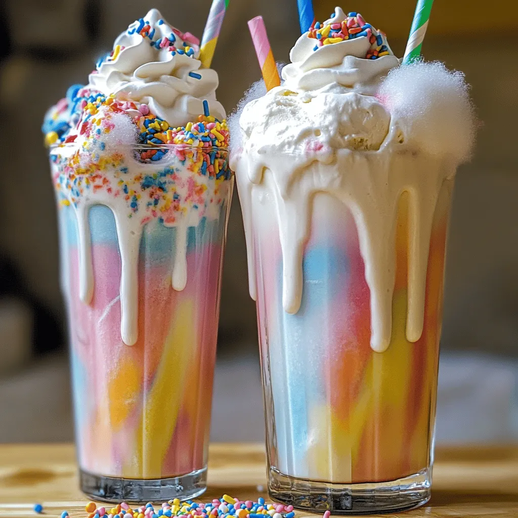 The main ingredients for a cotton candy milkshake are simple yet fun. You need two cups of vanilla ice cream and one cup of whole milk. These create the creamy base. Then, you add one cup of cotton candy, which gives that sweet flavor. A teaspoon of vanilla extract adds depth to the taste. Don't forget whipped cream for the top and rainbow sprinkles for a festive touch. You can also use extra cotton candy for garnish.